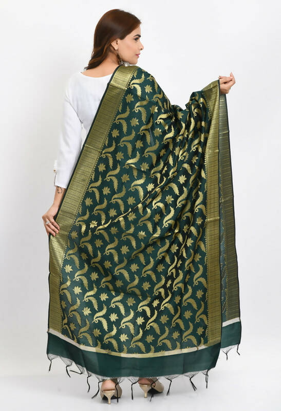 Women's Bottle Green Banarsi Silk Floral Woven Dupatta