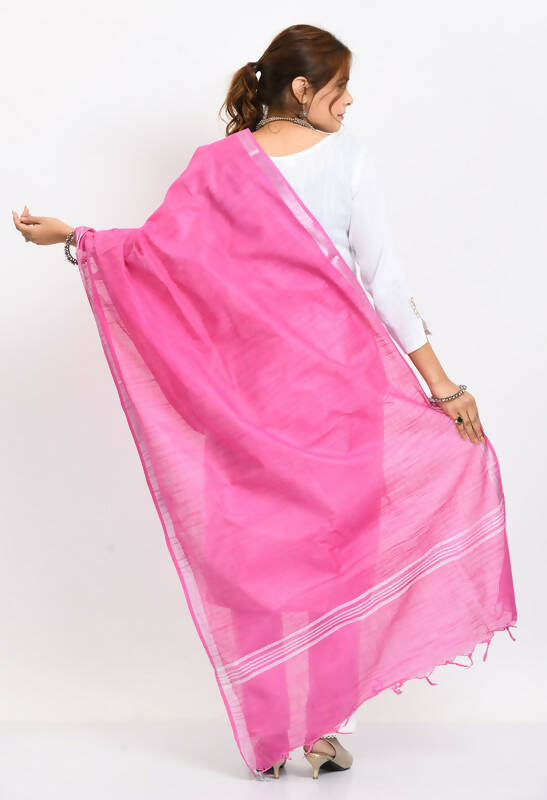 Dark Pink Linen Cotton Dupatta with Silver Border