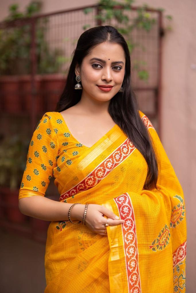 Mustard Silk Blend Geometric Saree with Unstitched Blouse - Hiral Fashion