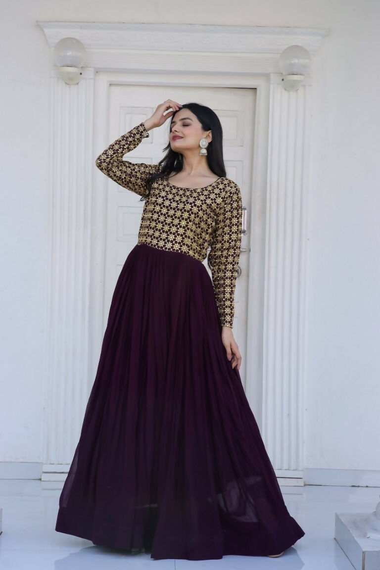 Wine Faux Blooming Anarkali Dress with Sequence Zari Embroidery