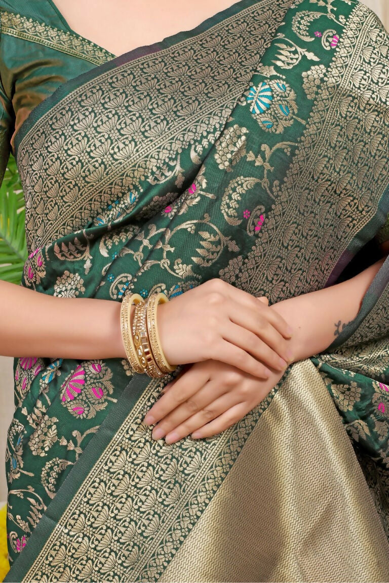 Bottle Green Kanjivaram Silk Saree with Elegant Zari Woven Border