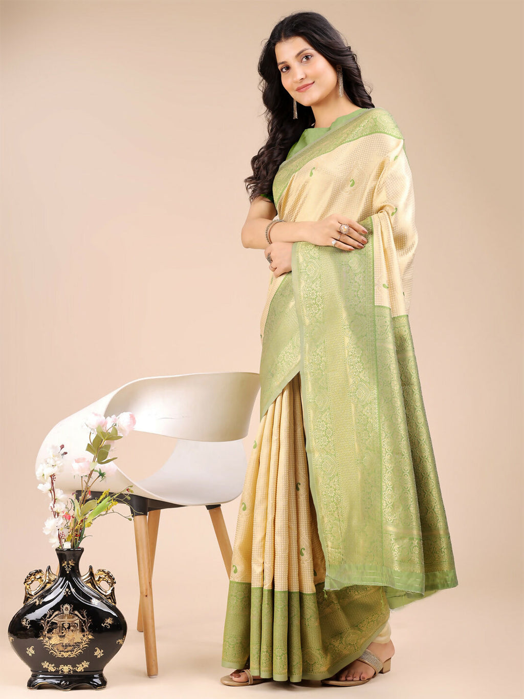 Cream and Light Green Banarasi Silk Saree for Festive Wear
