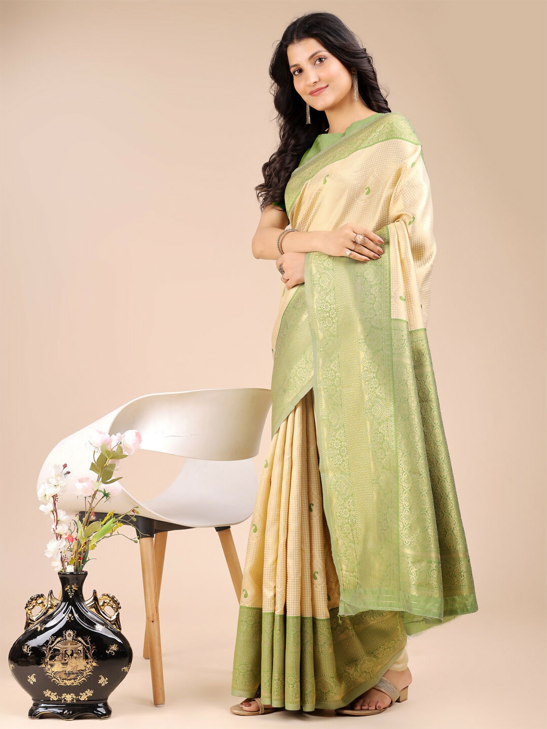 Cream and Light Green Banarasi Silk Saree for Festive Wear