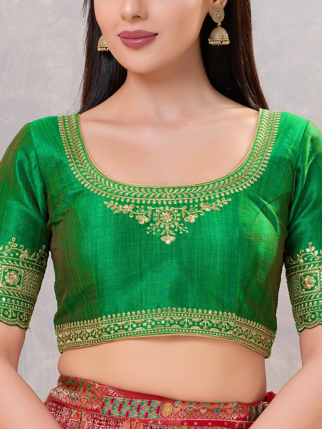 Green Silk Stitched Blouse with Round Neck for Women