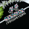 Mominos Fashion multi-color geometric beaded choker necklace with white pearl dangle earrings