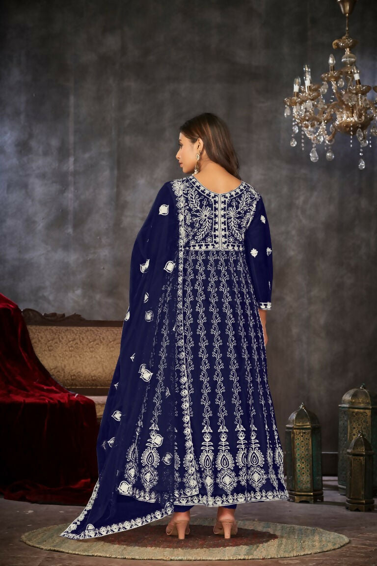 Women's Blue Net Embroidered Anarkali Kurta Pant Set with Dupatta
