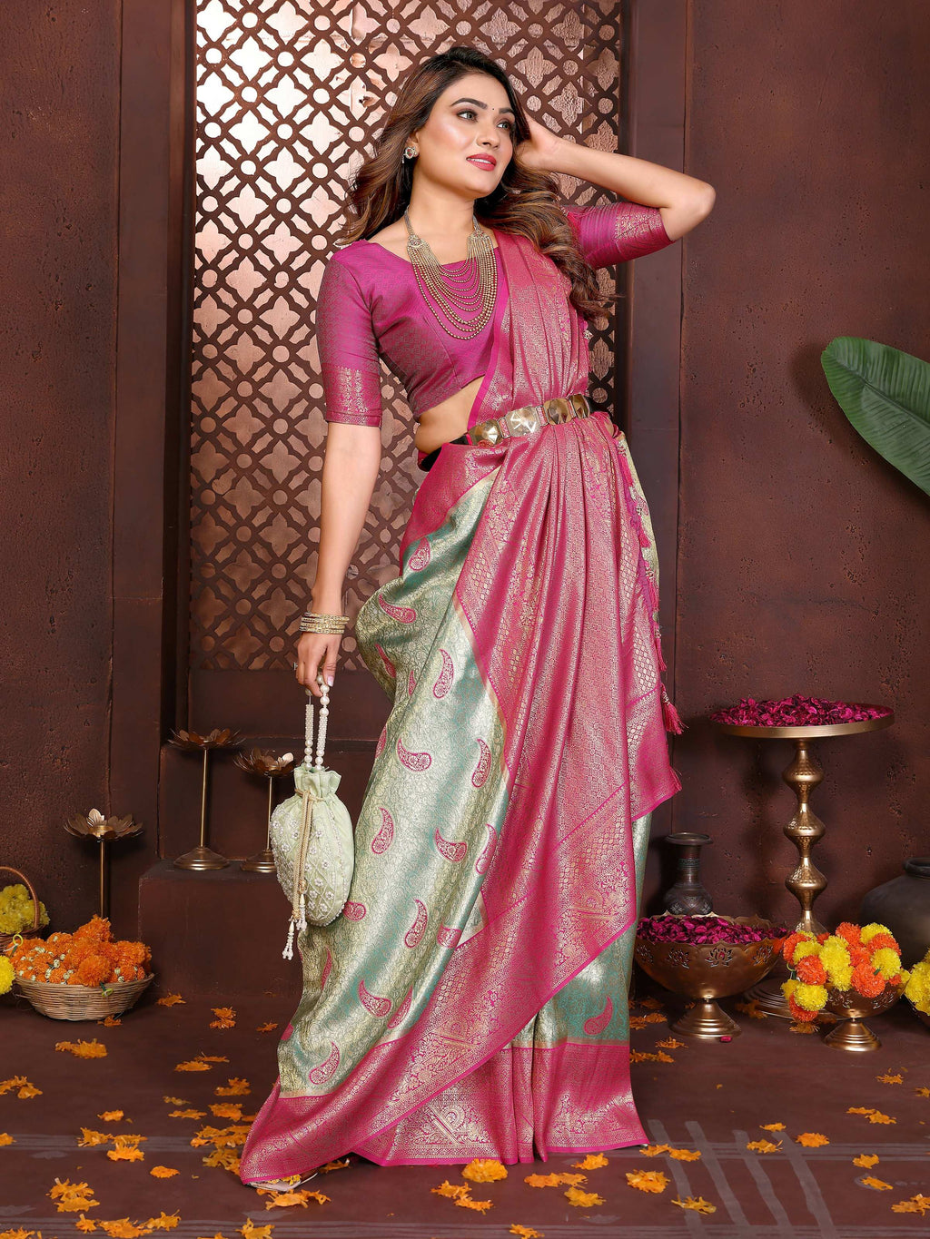Sea Green Tissue Silk Saree with Elegant Weaving