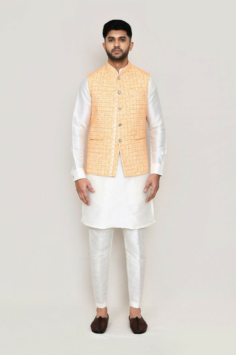 White Art Silk Kurta Set with Designer Jacket and Straight Pants