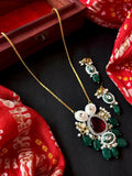 Green Monalisa Jade stone necklace set with Kundan Meenakari pendant and matching earrings