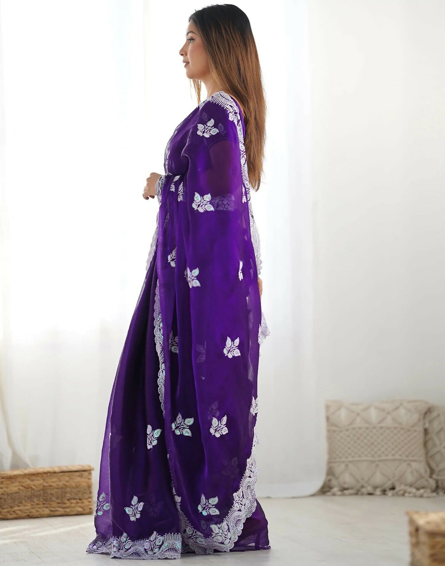 Pastel Purple Shimmer Chiffon Saree with Sequin Scalloped Border