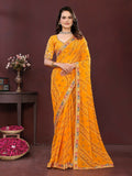 Bright yellow georgette saree with vibrant digital print