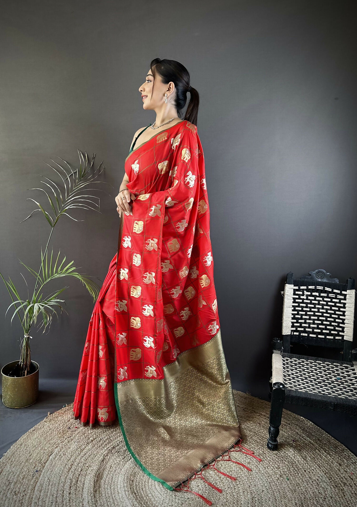 Red Soft Silk Banarasi Saree with Elephant Motifs and Green Blouse