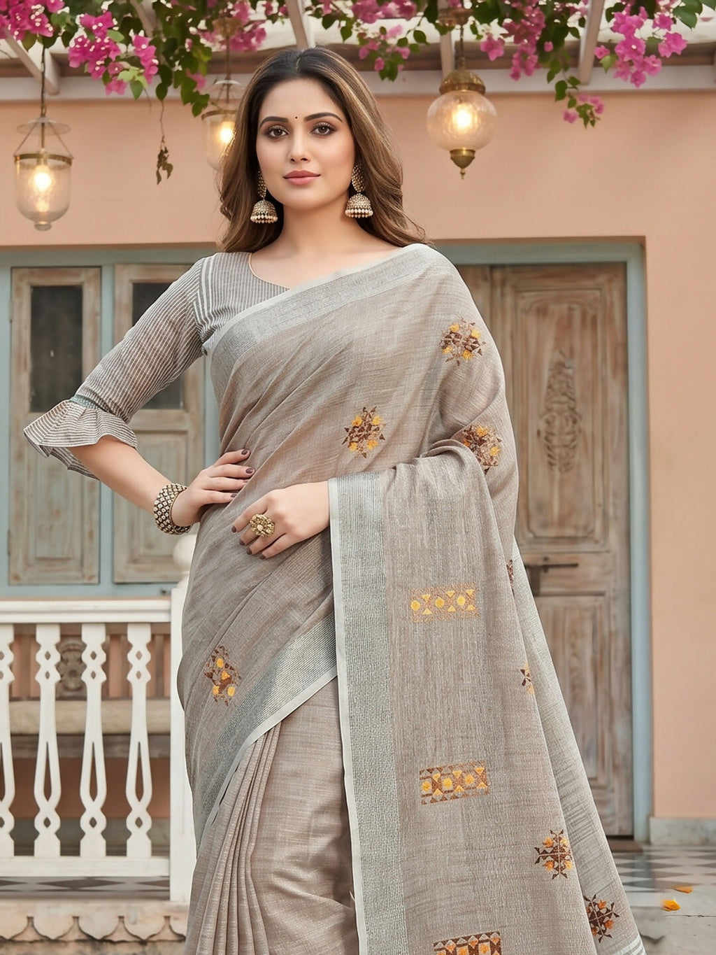 Light Beige Linen Saree with Matching Blouse Piece