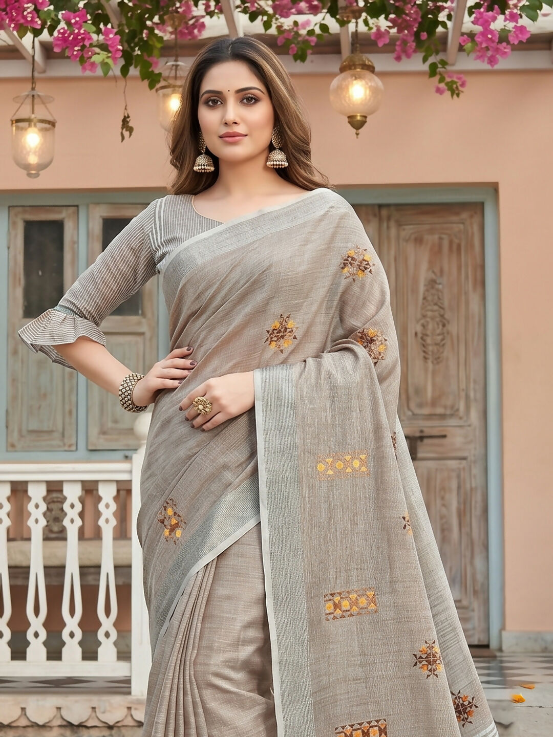 Light Beige Linen Saree with Matching Blouse Piece