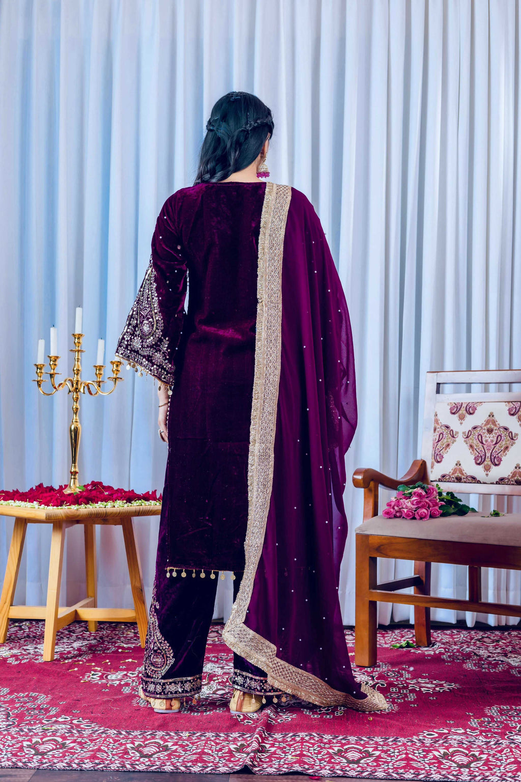 Deep Plum Velvet Kurta Set with Intricate Embroidery