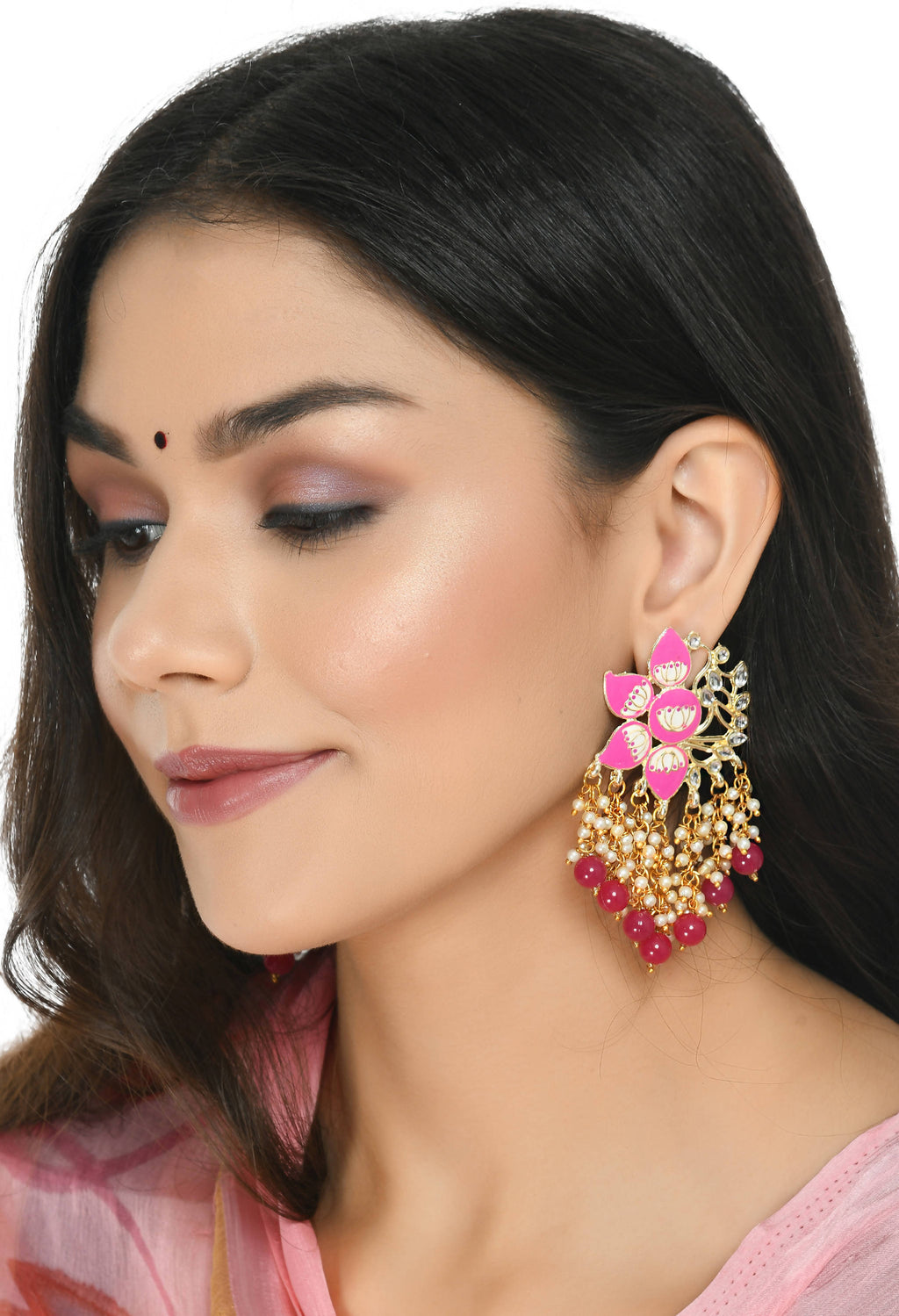 Gold-Polished Kundan Pink Meenakari Earrings for Weddings