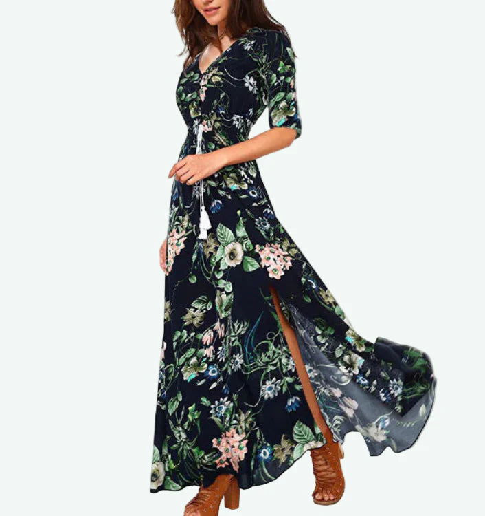 Women's Navy Floral Print Bohemian Maxi Dress with Button Front - Image 5