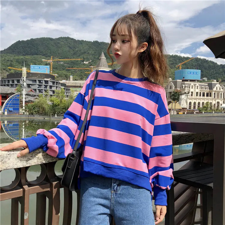 Women's Striped Long Sleeve Crewneck Pullover Sweatshirt - Image 7