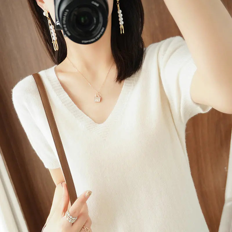 Women's Short Sleeve V-Neck Knit Sweater in Beige - Image 21