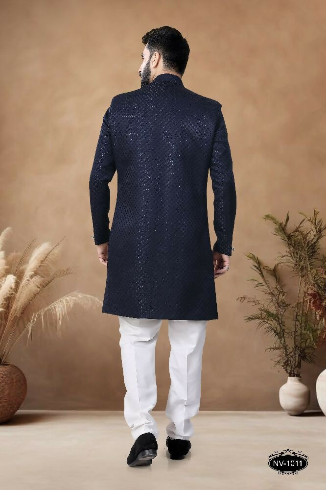 Men's Blue Silk Indo-Western Kurta Set with Sequence Embroidery