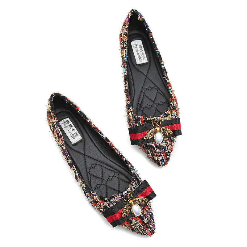 Women's Tweed Pointed Toe Flats with Bee and Bow Detail - Image 5