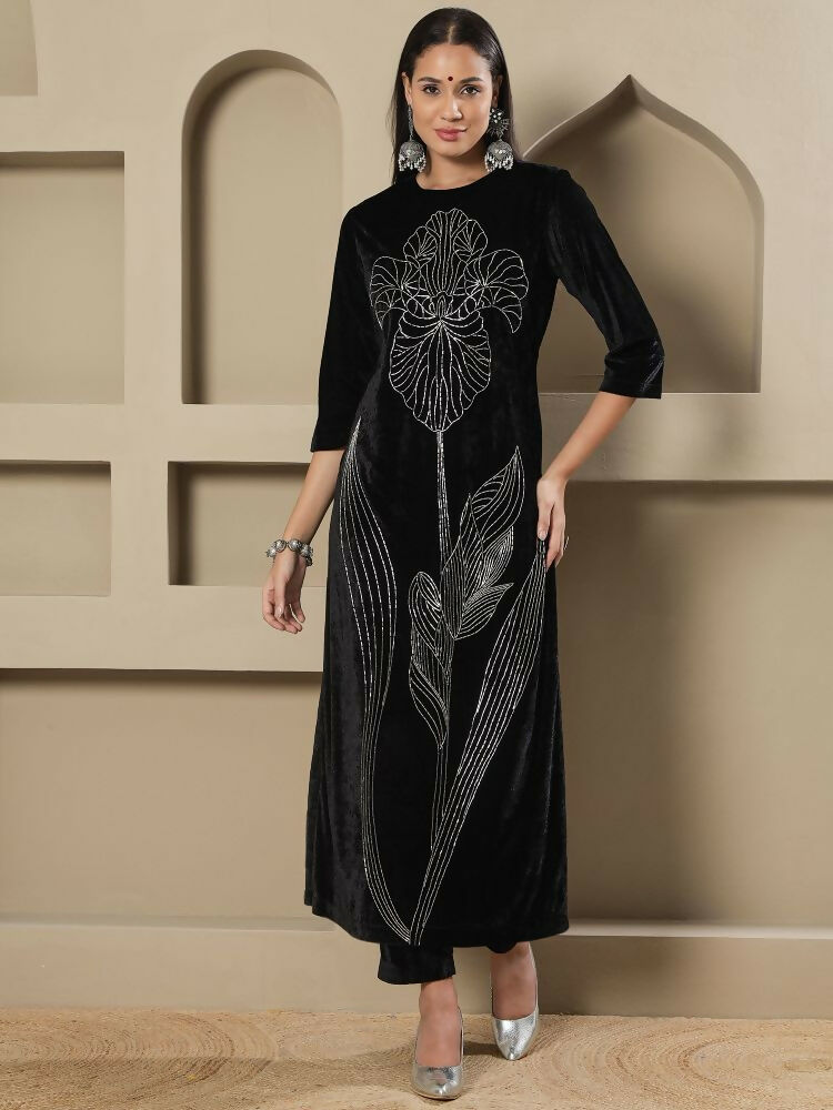 Black Velvet Kurta Set with Intricate Hand Embellishments