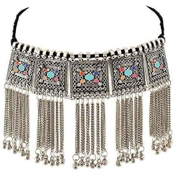 A beautiful multi-color oxidized silver statement necklace for women displayed against a neutral background.