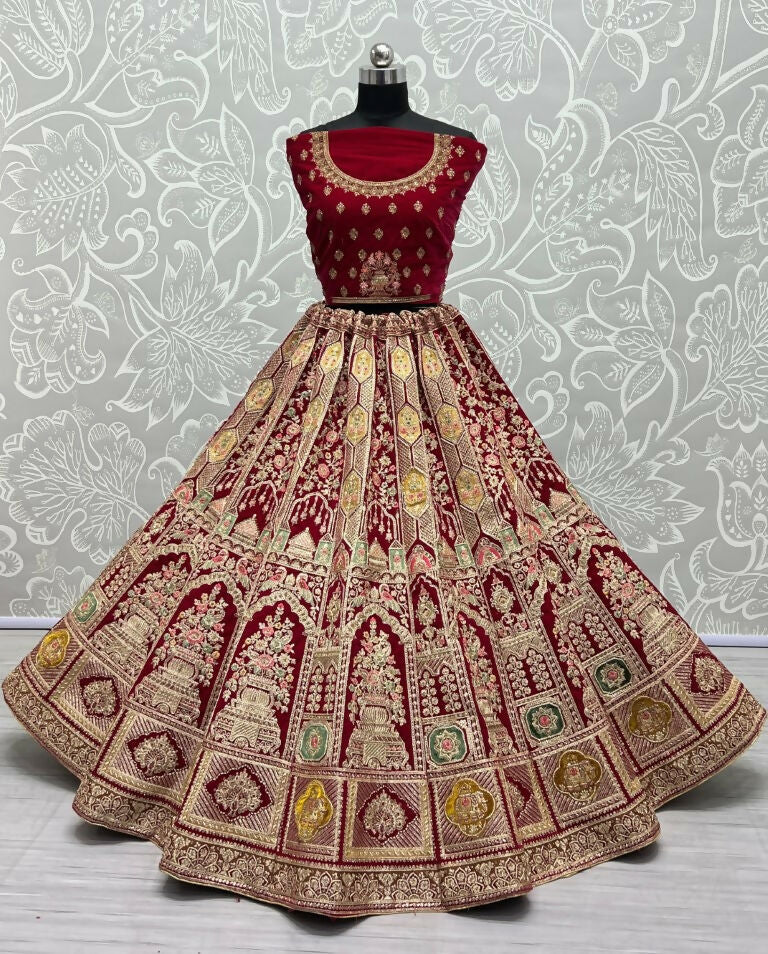 Rani Pink Velvet Wedding Lehenga Choli with Dori & Diamond Work