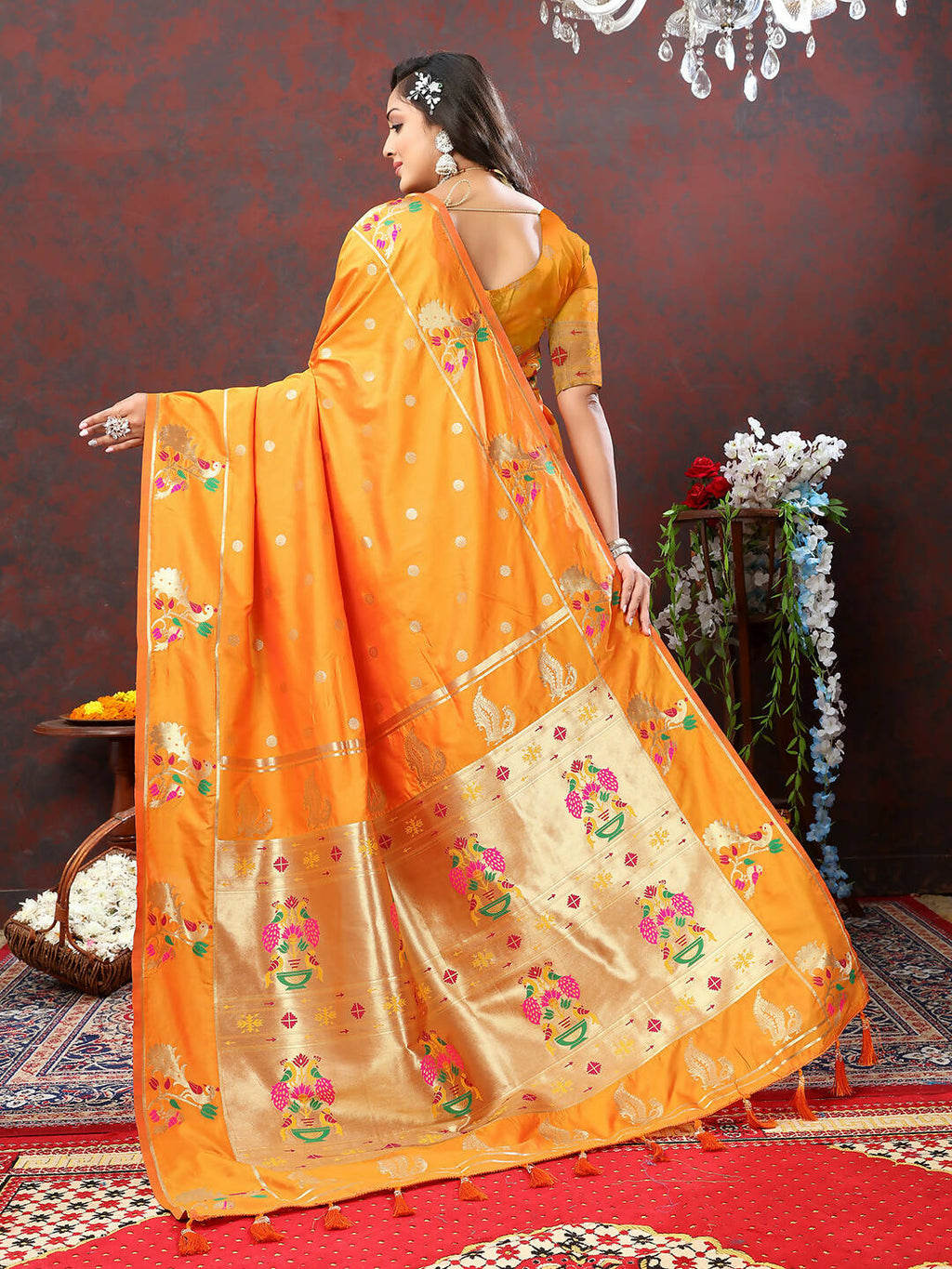 Orange Soft Paithani Silk Saree with Gold Zari Meenakari