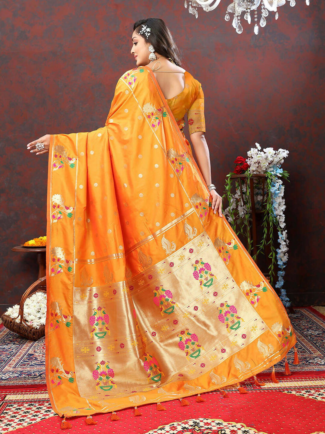 Orange Soft Paithani Silk Saree with Gold Zari Meenakari