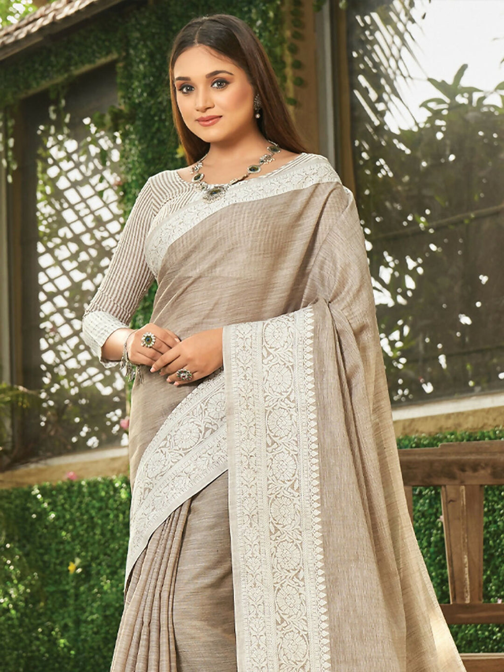 Light Brown Linen Saree with Matching Blouse