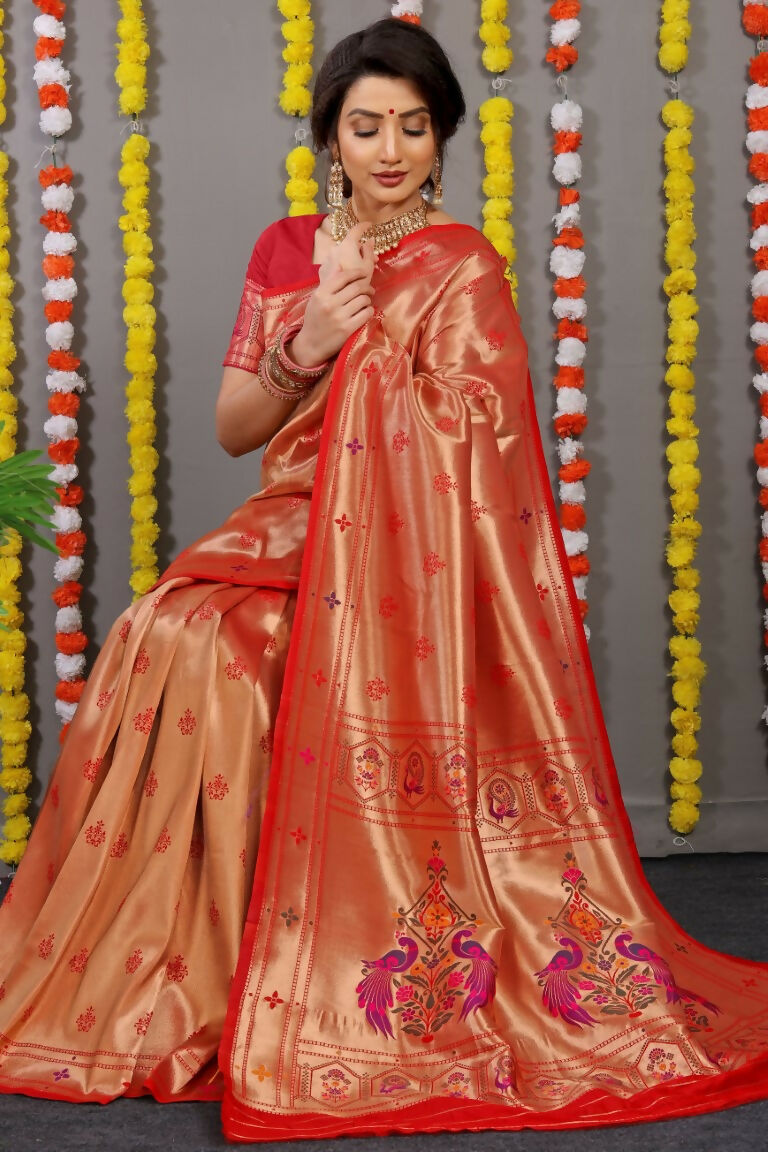 Red Paithani Silk Zari Woven Saree with Matching Blouse