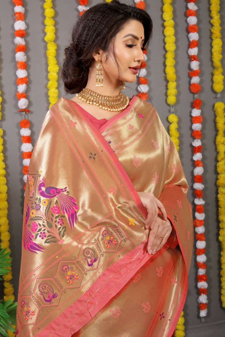 Jyoti Fashion Women's Peach Paithani Silk Zari Woven Saree with Blouse