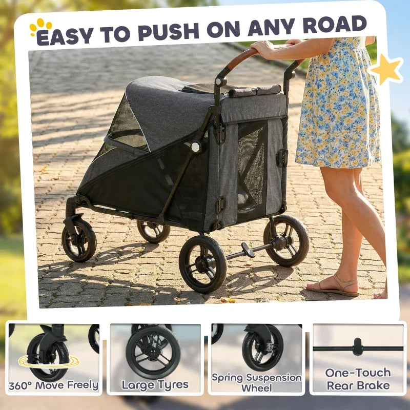 Dog Stroller for Large Dogs Up to 66 LBS with All-Terrain Spring Suspension, 8-Position Adjustable Handle