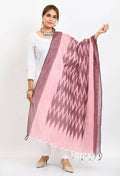 Handloom cotton Ikkat dupatta in maroon and light pink geometric patterns.