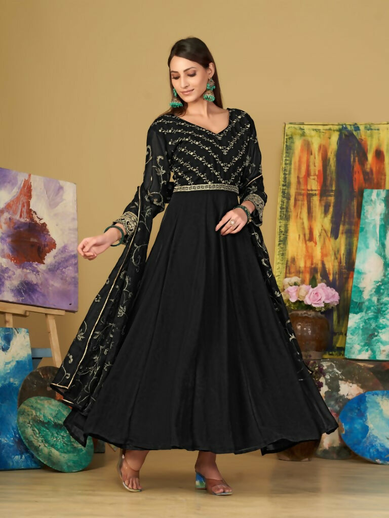 Women's Black Georgette Embroidered Anarkali Kurta Pant Set