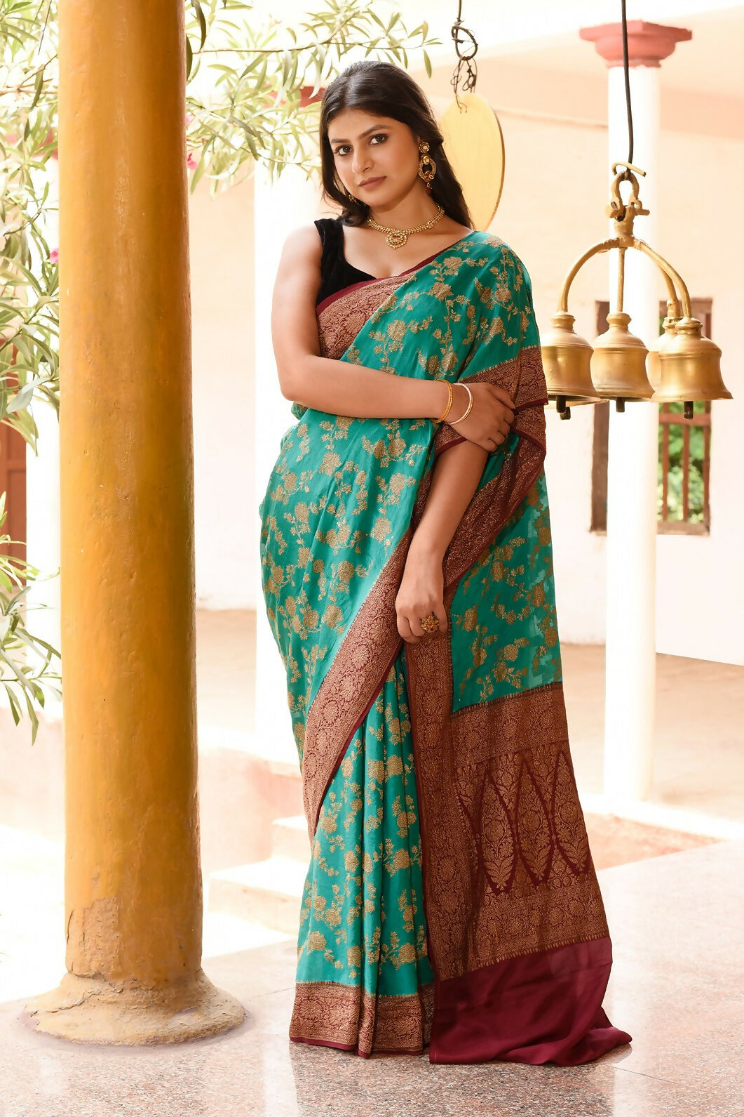 Teal Green Crepe Chiffon Handloom Banarasi Silk Saree