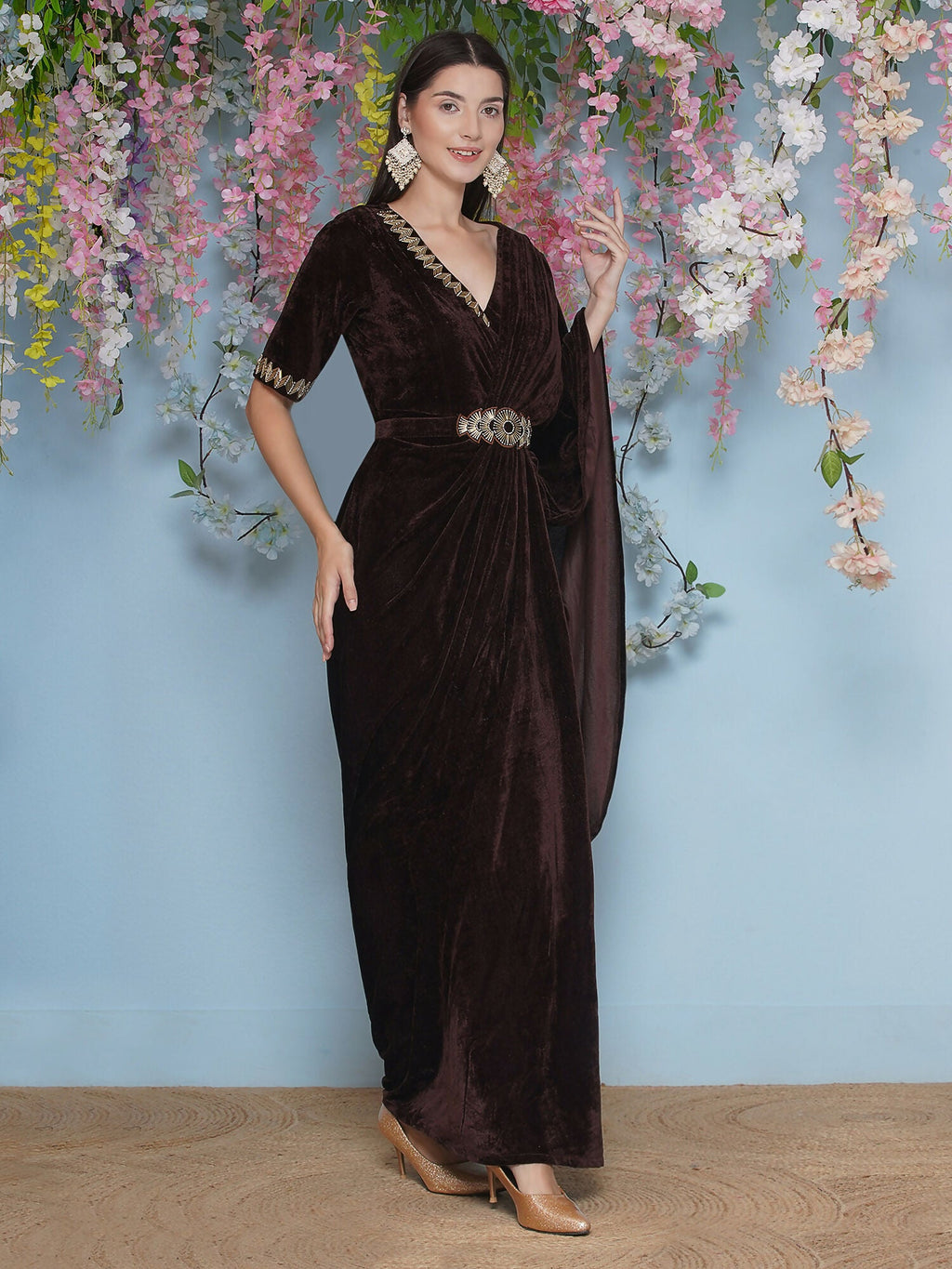 Brown Velvet Hand Embellished Gown With Drape and Belt