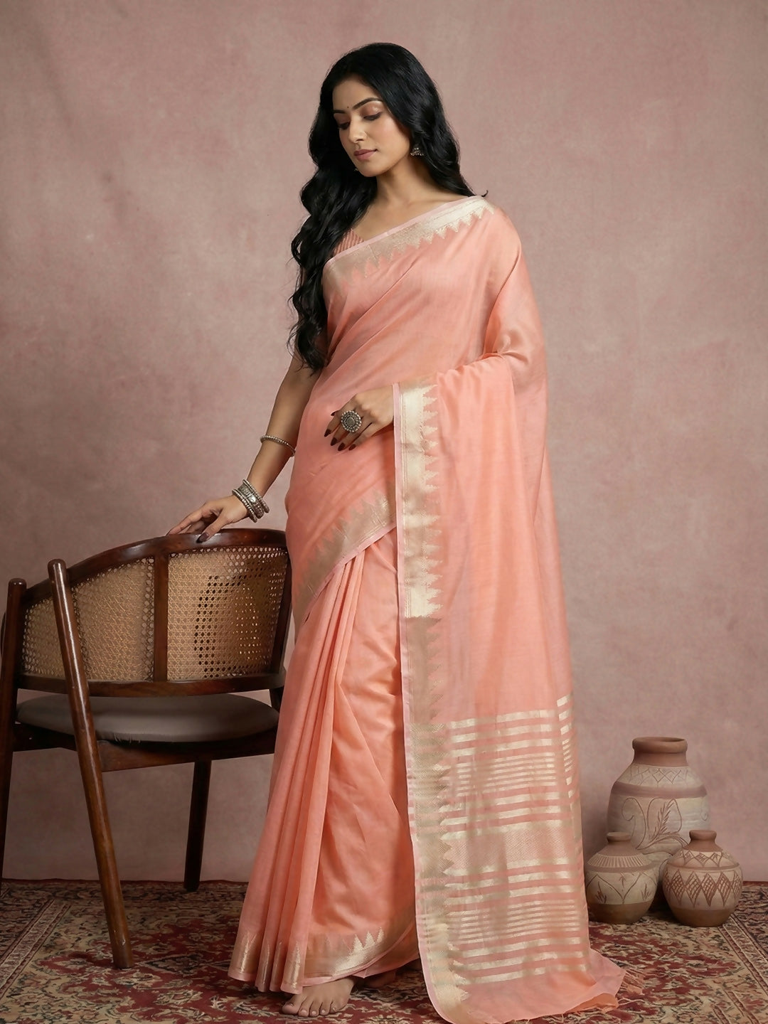 Peach Cotton Saree with Matching Blouse Piece