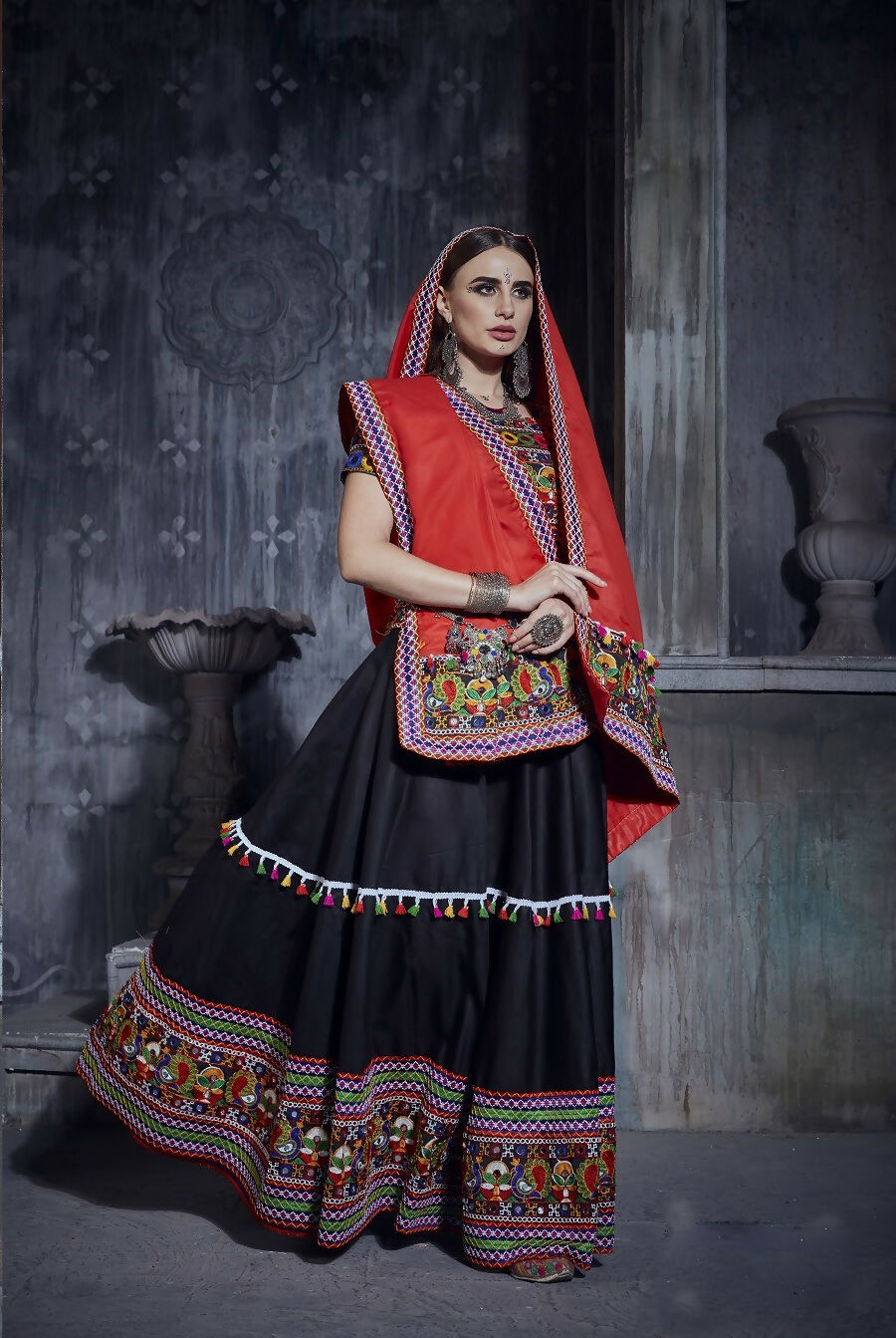 Black Art Silk Navratri Lehenga Choli with Multi Blouse & Red Dupatta