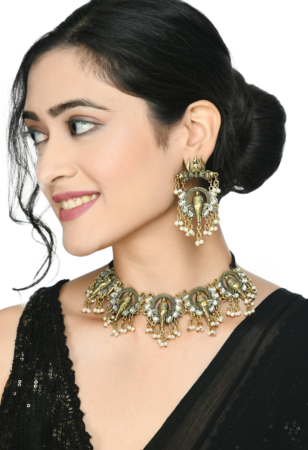 Gold-Polished Ganesha Design Choker Set Oxidised Finish