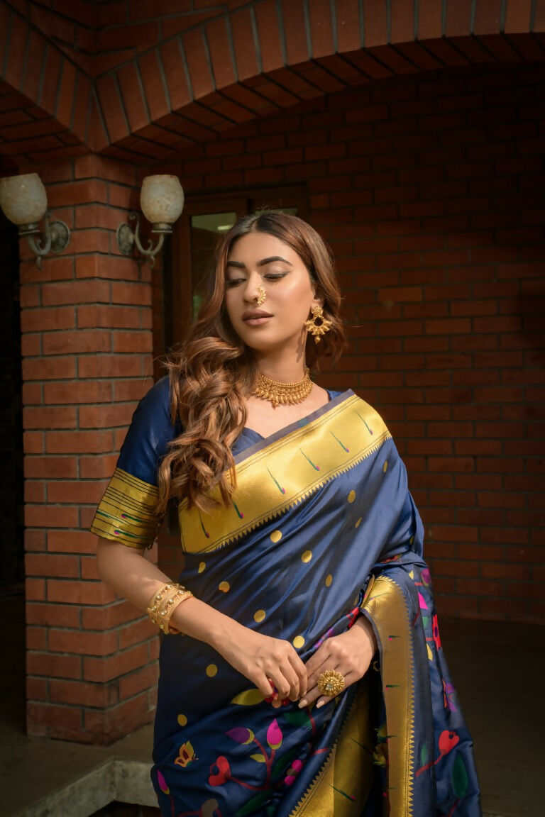 Navy Blue Paithani Silk Saree with Zari Woven Border and Blouse