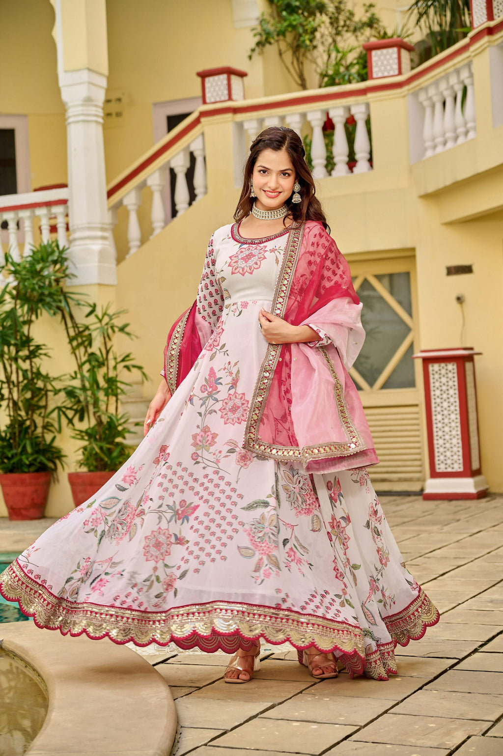 Pink and white georgette kurta set with embroidery and sequence work