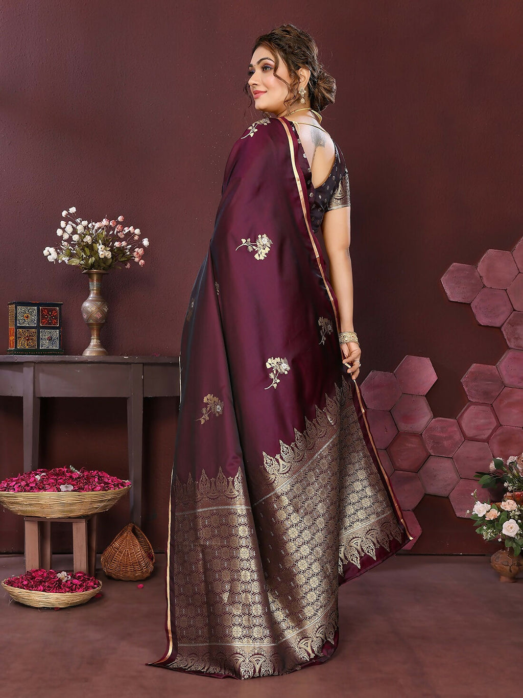 Wine Floral Banarasi Satin Silk Saree with Unstitched Blouse