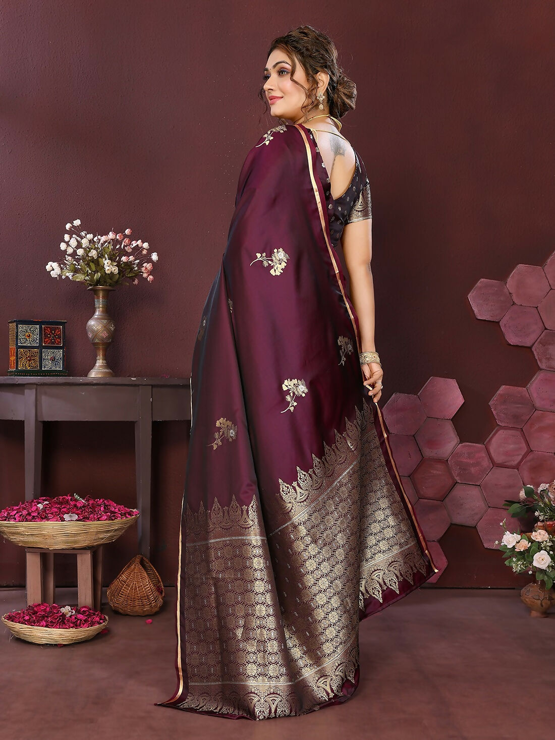 Wine Floral Banarasi Satin Silk Saree with Unstitched Blouse