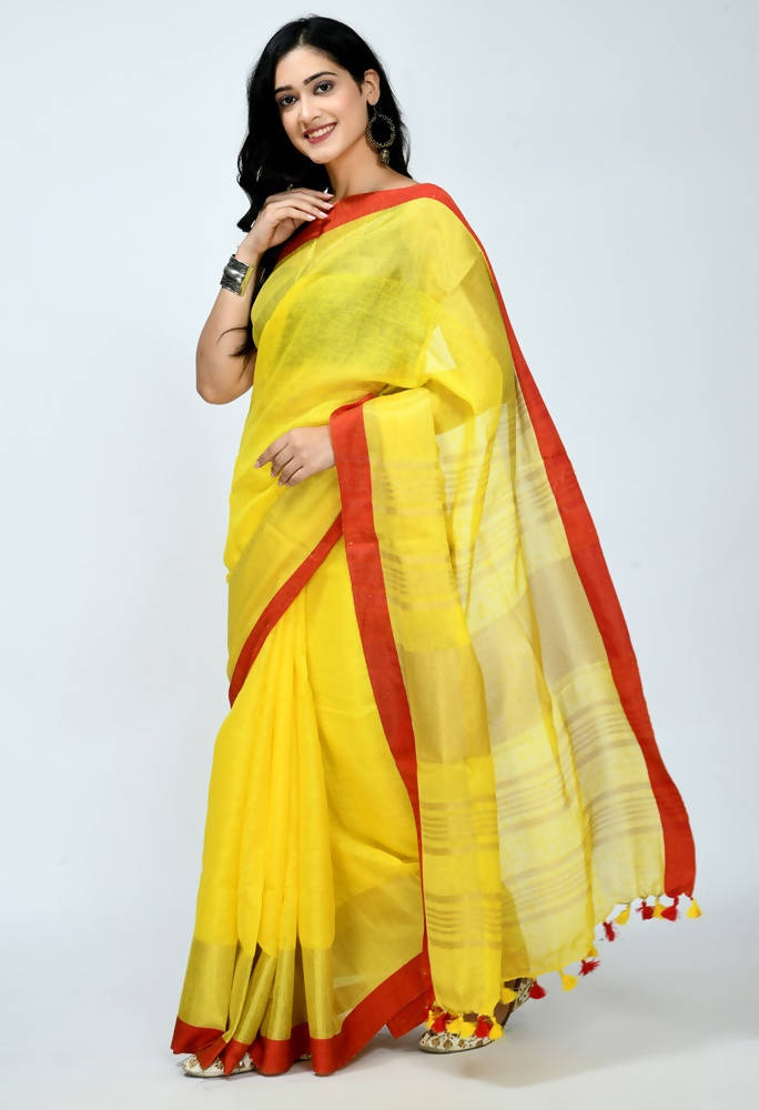 Pure Linen Yellow Saree with Contrasting Red Blouse Piece