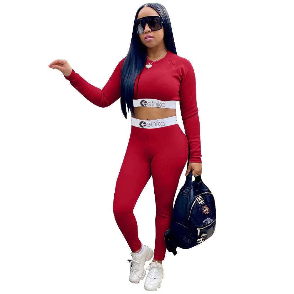 Women's Ribbed Long Sleeve Crop Top and Legging Sports Set - Image 6