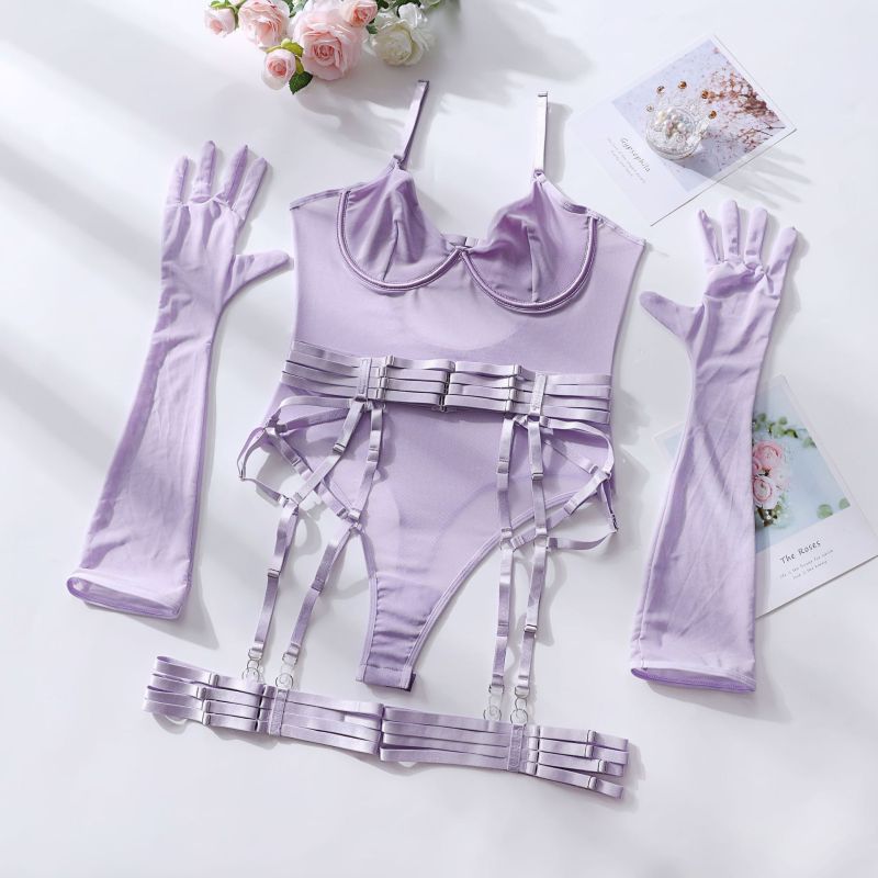 Women's Sexy One-Piece Bodysuit with Gloves and Bandage See-Through Mesh Suit