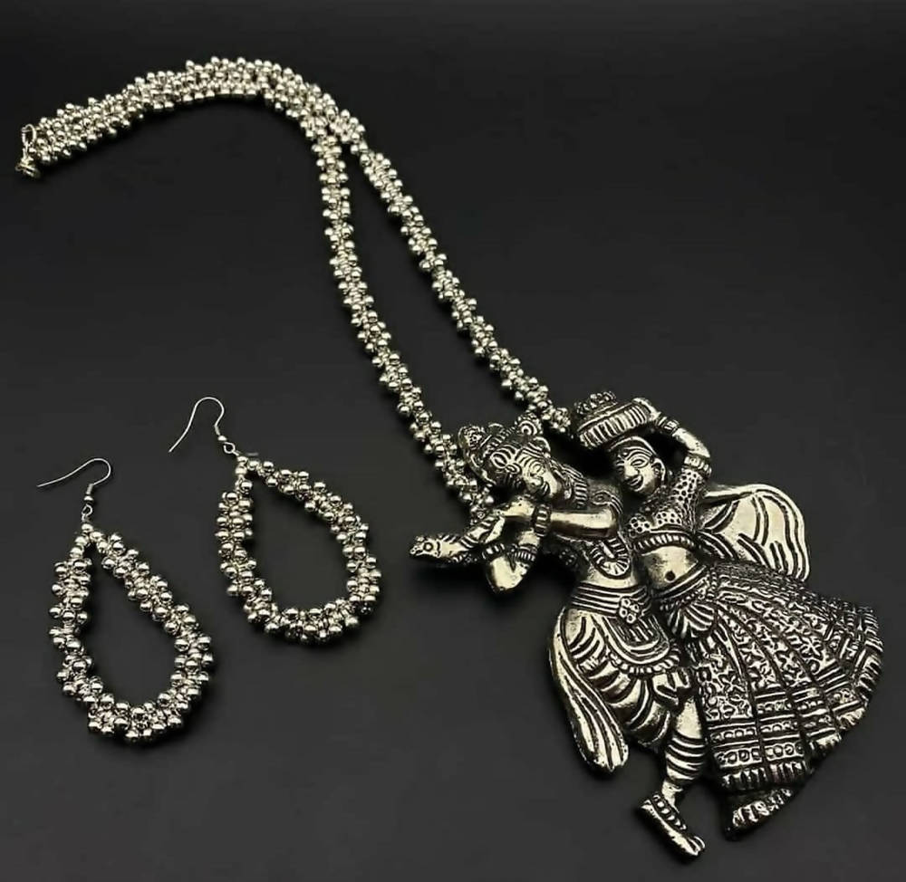 Oxidised silver plated Radha Kishan pendant necklace set for traditional ethnic wear