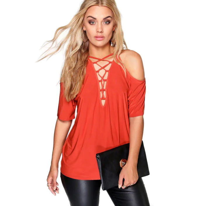 Women V-Neck Short Sleeve Blouse with Shoulder Tie Detail Autumn - Image 17